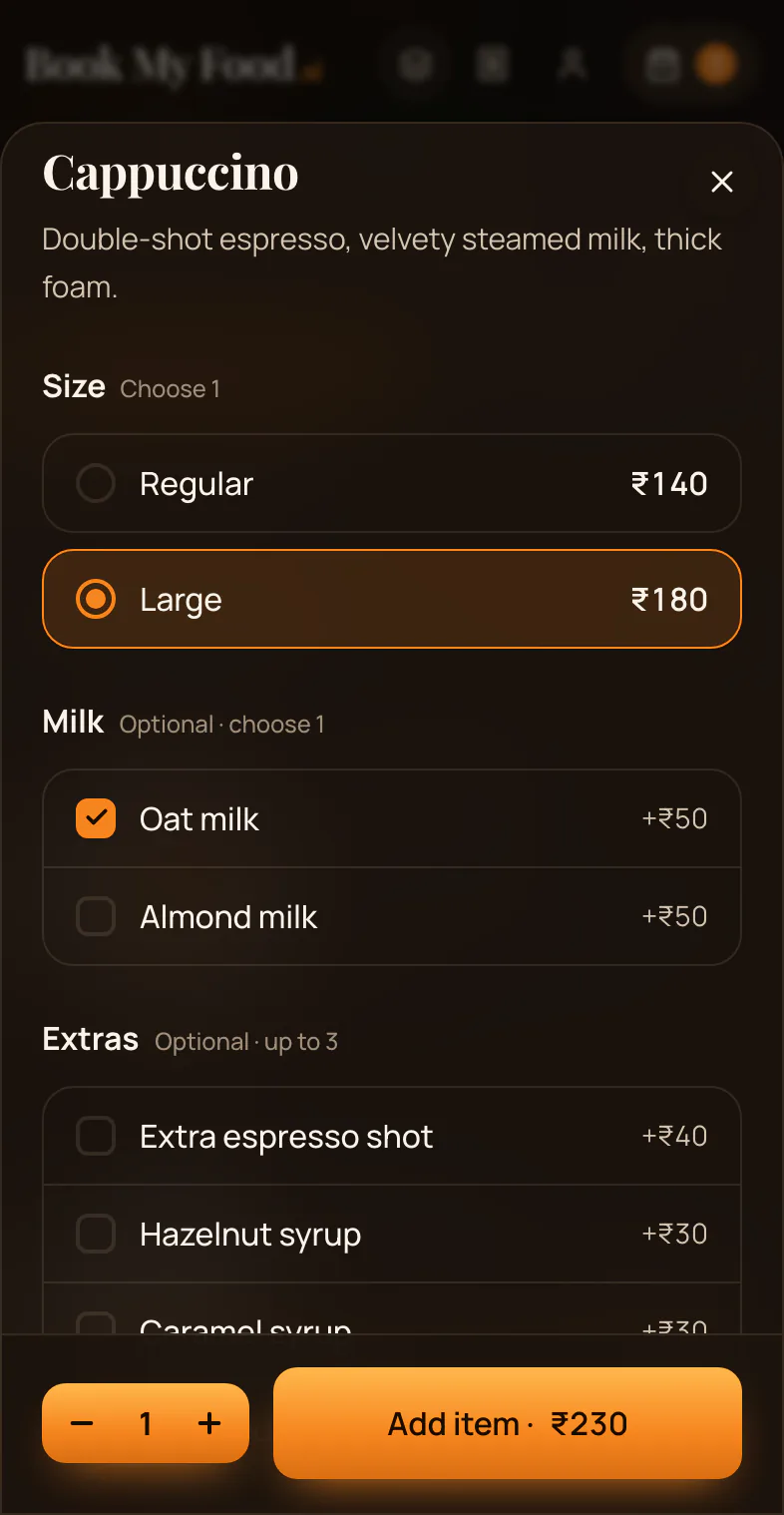 Choosing a size and add-ons for a dish