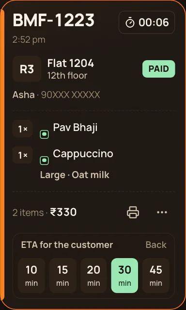 The kitchen accepting an order and setting a ready time