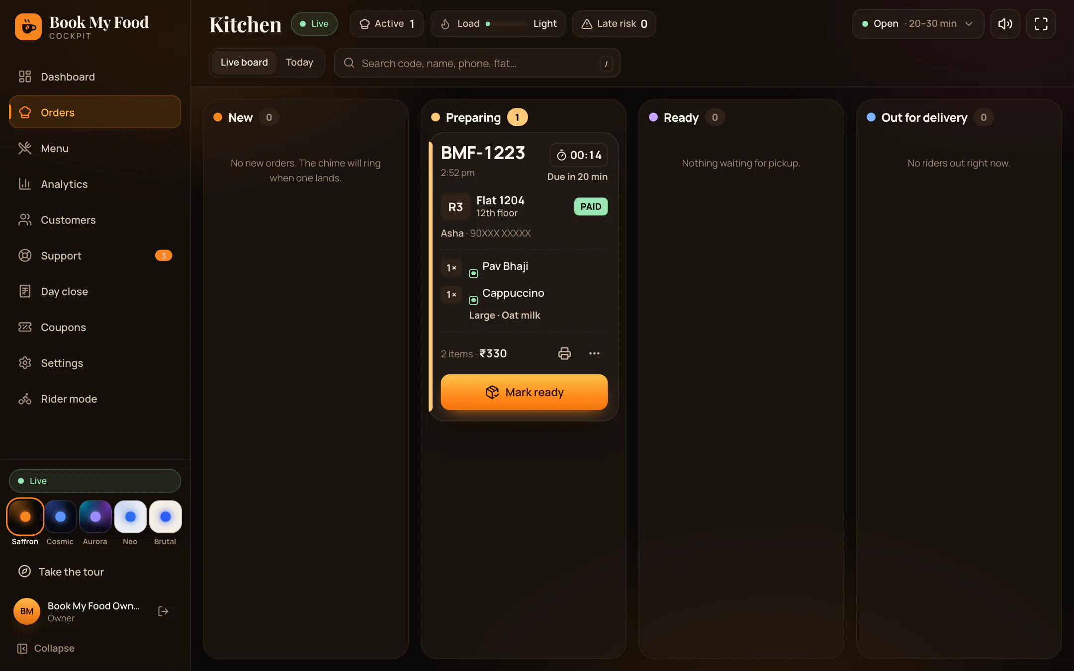 Kitchen board showing orders being prepared
