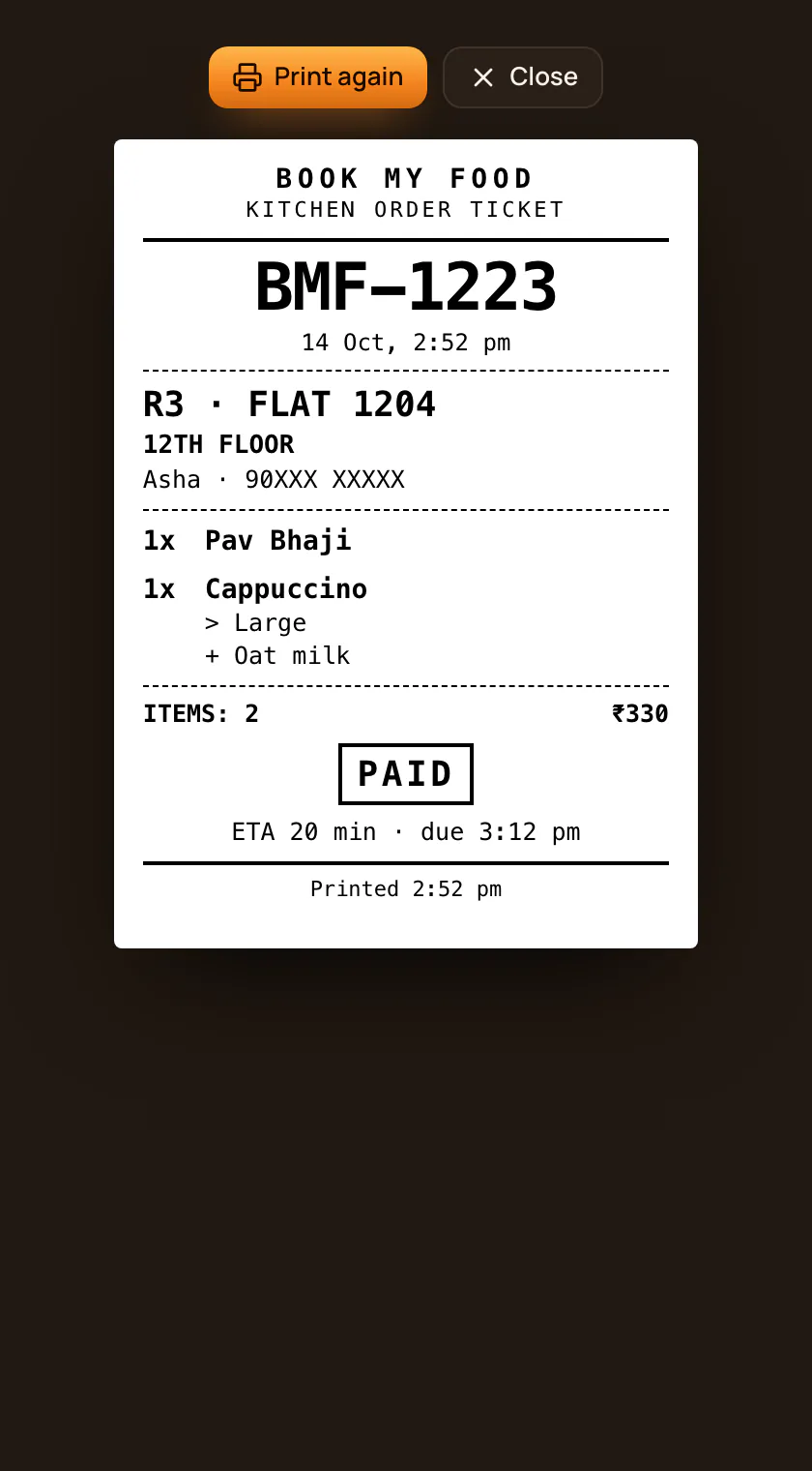 A kitchen ticket (KOT) listing the dishes to cook