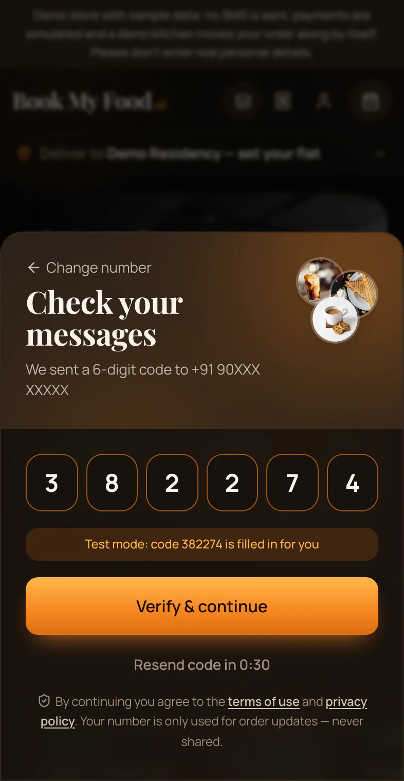 Signing in with a phone number; the demo shows the code on screen