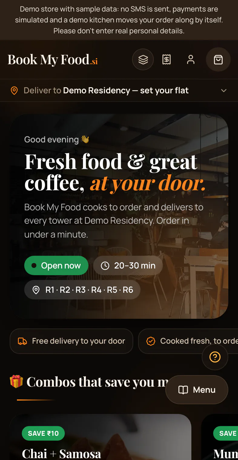 The Book My Food menu on a phone, before signing in