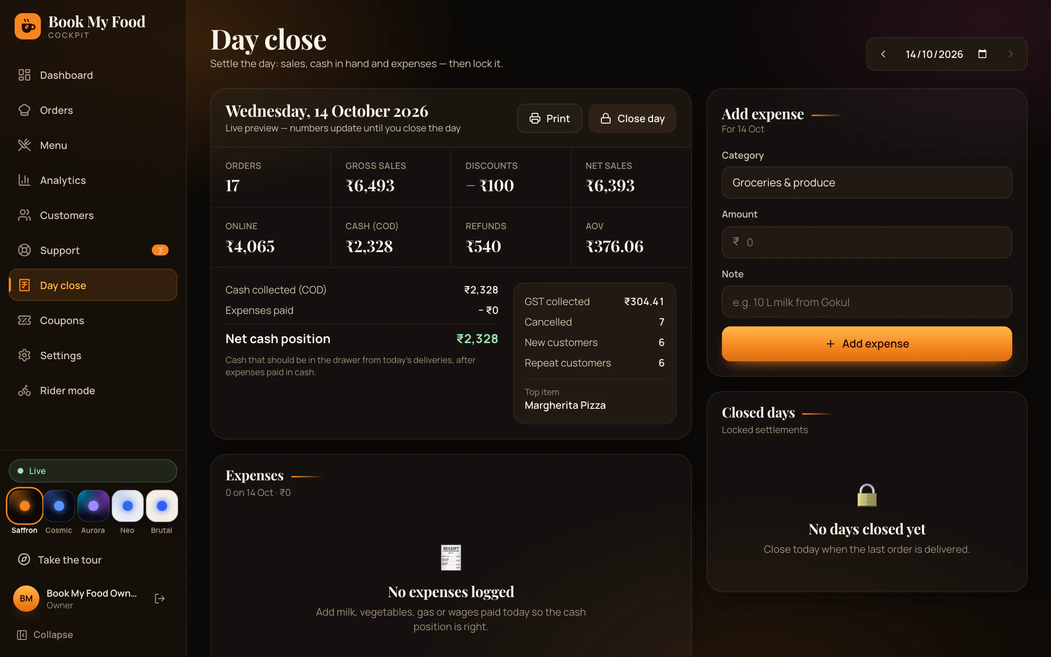 Day close: the day’s totals and the cash tally