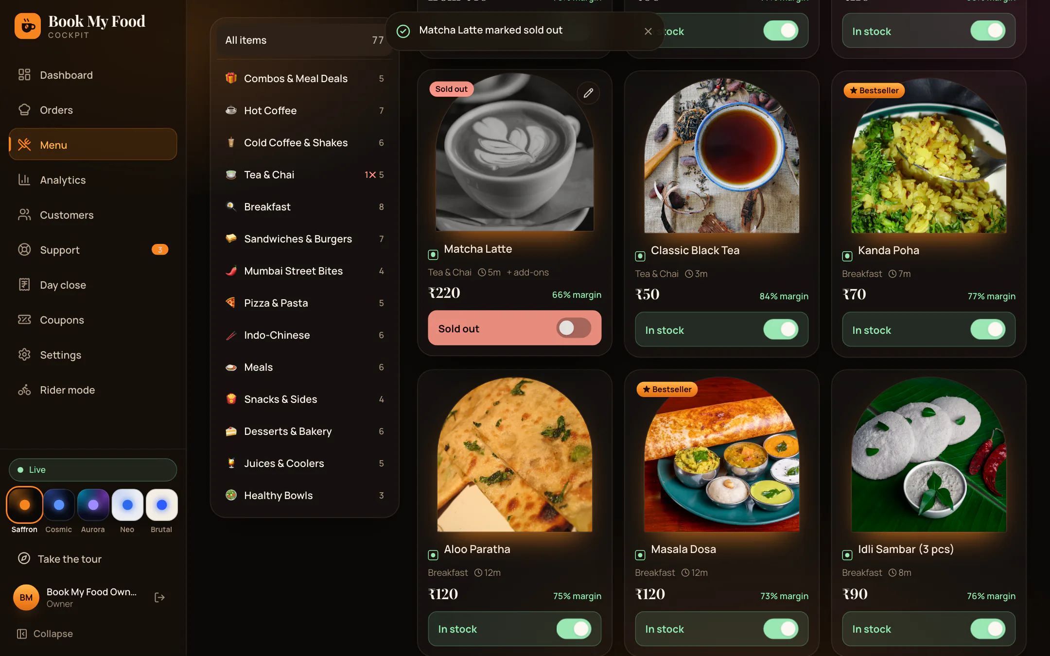 Owner menu screen with Matcha Latte marked sold out