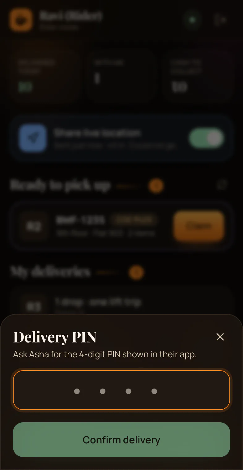 Rider entering the 4-digit delivery code