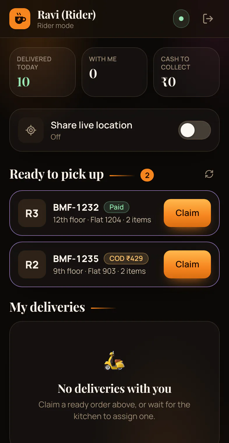 Rider mode listing orders ready to pick up