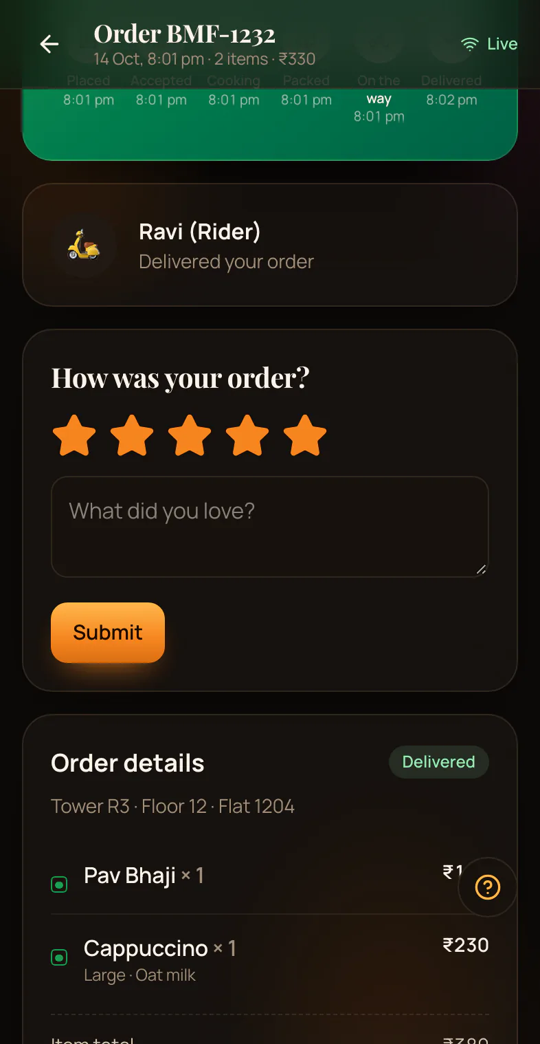 Order delivered, with a star rating