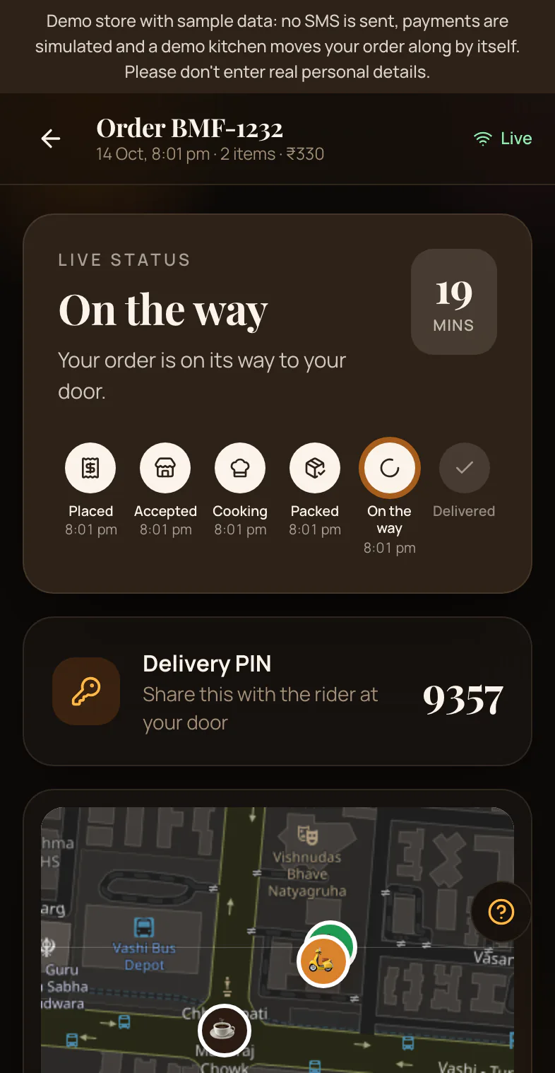 Order tracking on a phone with the rider on a map