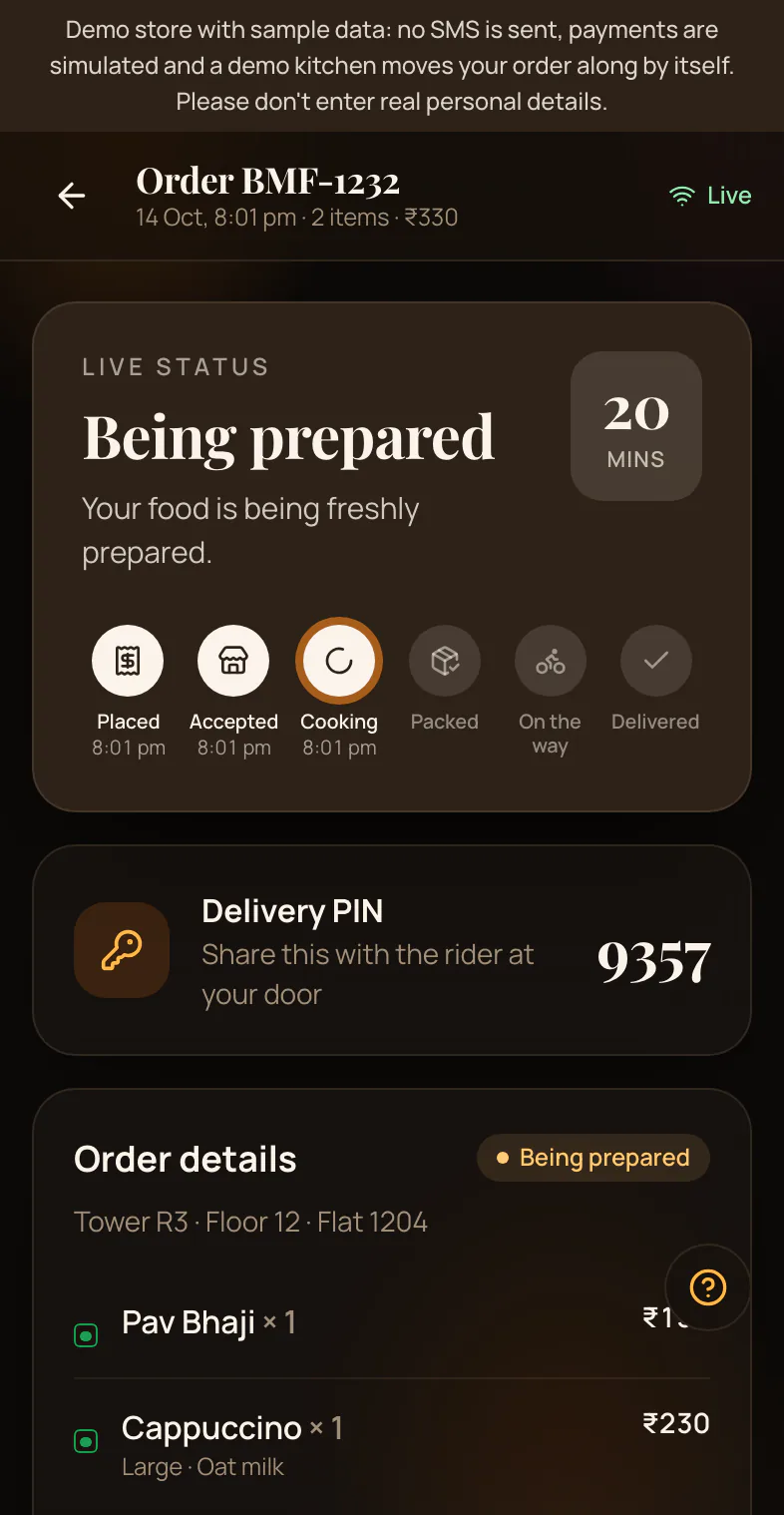 Order being prepared, with a ready time